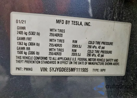 2021 Tesla Model Y from USA, damaged, VIN 5YJYGDEE5MF111905